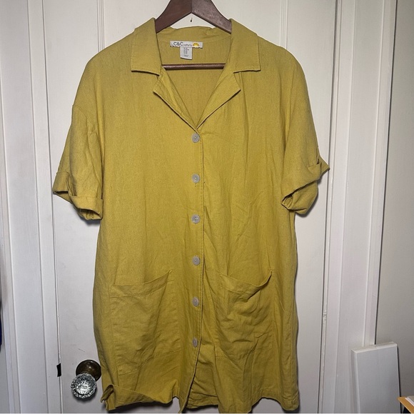 C&C California Tops - Yellow Linen Blend Short Sleeve Shirt With Pockets, Lagenlook, Beach Cover-up